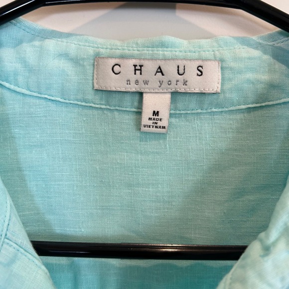 CHAUS New York Women Turquoise Linen Cotton Blend Tunic Shirt Size M - Picture 2 of 8